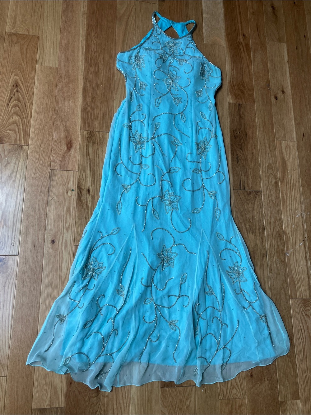 Sean Collection Aqua Beaded Halter Maxi Dress